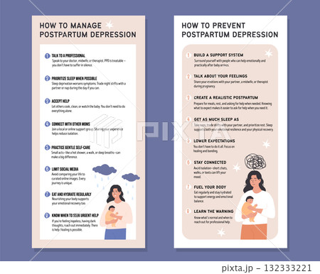 Mother coping with postpartum depression with practical tips for mental health support. Set of educational infographic posters on maternal wellbeing. Vertical banner. Flat Style Vector Illustration. Mother coping with postpartum depression with practical tips for mental health support. Set of educational infographic posters on maternal wellbeing. Vertical banner. Flat Style Vector Illustration. 132333221