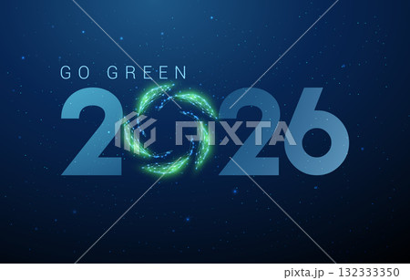Happy New Year greeting card 2026 number with green leaves forming circle instead of zero. Eco-friendly, green future, ecological balance, clean planet concept. Happy New Year greeting card 2026 number with green leaves forming circle instead of zero. Eco-friendly, green future, ecological balance, clean planet concept. 132333350