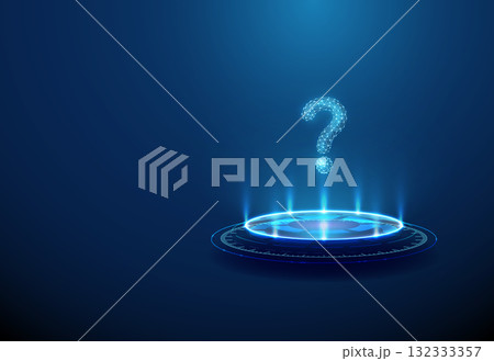 3d blue question mark on futuristic podium. Scientific research, problem solving, learning, education, interactive consultation, intelligent assistant concept. 132333357