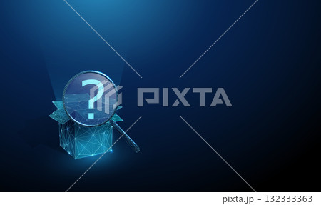 3d blue open box under a magnifying glass with a question mark inside. Exploration, idea discovery, analysis, unknown content, experimental approach concept. 3d blue open box under a magnifying glass with a question mark inside. Exploration, idea discovery, analysis, unknown content, experimental approach concept. 132333363