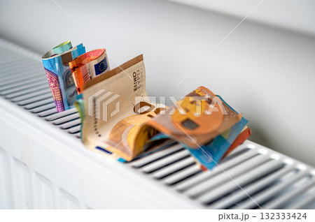 euro banknotes in a central heating radiator, the concept of expensive heating costs, closeup euro banknotes in a central heating radiator, the concept of expensive heating costs, closeup 132333424