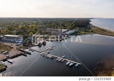 Aerial view of yachts at the pier of a seaside fishing village, Engure, Latvia 132333460