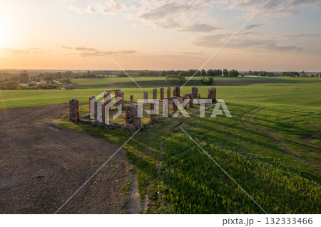 Ruins of an ancient building that looks like Stonehenge, drone view, Smiltene, Latvia Ruins of an ancient building that looks like Stonehenge, drone view, Smiltene, Latvia 132333466