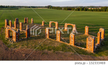 Ruins of an ancient building that looks like Stonehenge, drone view, Smiltene, Latvia Ruins of an ancient building that looks like Stonehenge, drone view, Smiltene, Latvia 132333469