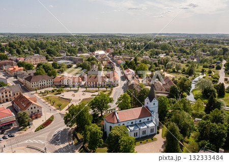 Aerial view of the city center and Saldus Lutheran Church. Saldus, Latvia 132333484