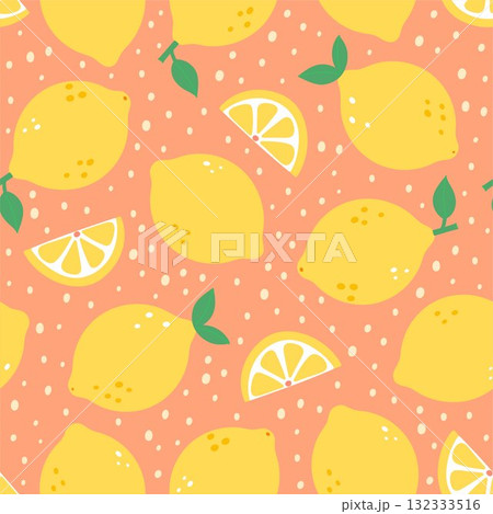 Seamless pattern with lemons and slices on an orange background. Vector graphics. Seamless pattern with lemons and slices on an orange background. Vector graphics. 132333516