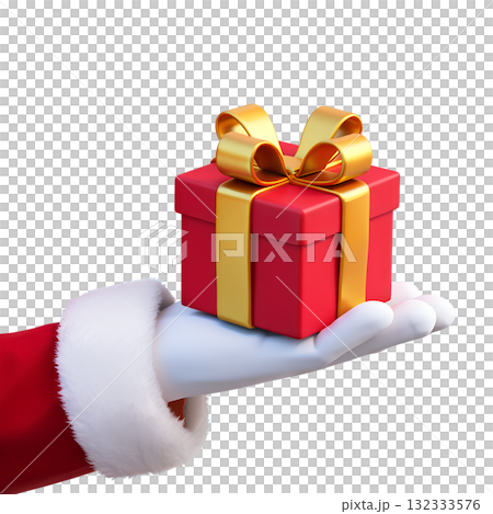 Santa claus hand in white glove presenting festive red gift box with golden ribbon, 3d render isolated on transparent background Santa claus hand in white glove presenting festive red gift box with golden ribbon, 3d render isolated on transparent background 132333576