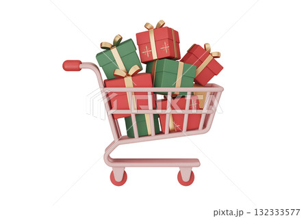 Festive shopping cart filled with colorful wrapped gift boxes, 3d render of holiday sale and christmas shopping concept isolated 132333577