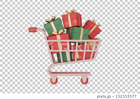 Festive shopping cart filled with colorful wrapped gift boxes, 3d render of holiday sale and christmas shopping concept isolated 132333577
