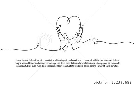 One line of hand holding heart. Abstract minimal continuous line isolated on white background. One line of hand holding heart. Abstract minimal continuous line isolated on white background. 132333682