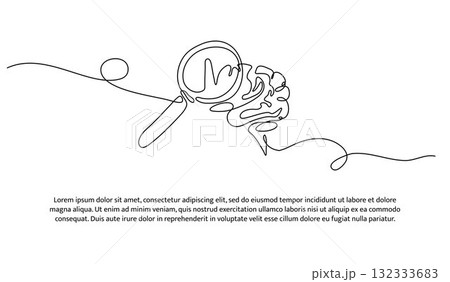One line of brain examination using a magnifying glass. Abstract minimal continuous line isolated on white background. One line of brain examination using a magnifying glass. Abstract minimal continuous line isolated on white background. 132333683