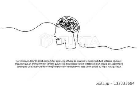 One line of psychological mental problem person. Abstract minimal continuous line isolated on white background. 132333684