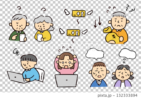 ネガティブなシニアたちのイラストセット ネガティブなシニアたちのイラストセット 132333894