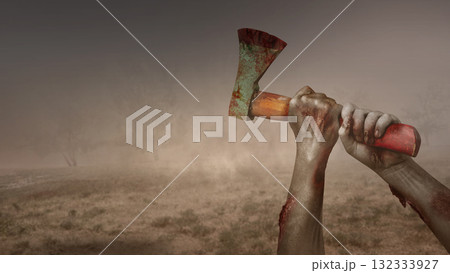 Zombie hand with a wound and blood holding an axe on the field with a dark background. Zombie, devil, evil, satan, or monster hand. Concept of Spooky Halloween Zombie hand with a wound and blood holding an axe on the field with a dark background. Zombie, devil, evil, satan, or monster hand. Concept of Spooky Halloween 132333927