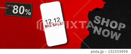 12.12 big sale text on cellphone screen with up to 80% text on the label tag. Copy space. Flash sale concept 12.12 big sale text on cellphone screen with up to 80% text on the label tag. Copy space. Flash sale concept 132333959