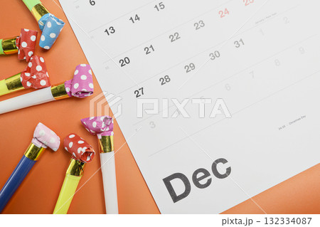 Calendar showing 1st January as the new year with party blowers. Happy New Year concept or Celebration 132334087