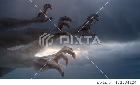 Zombie hands with wounds and blood haunted with a dark cloud sky background. Zombie, devil, evil, satan, or monster hand. Concept of Spooky Halloween 132334124
