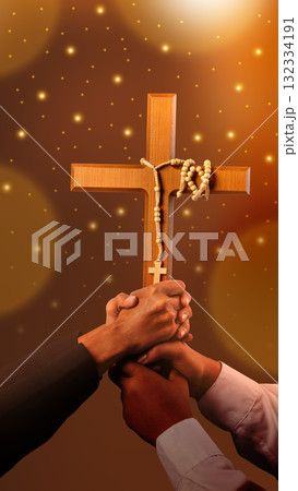 Prayer holding a Christian cross with rosary beads with glitter lights and blurred bokeh lights background. Concept of Christianity, religious, faith, Jesus, or belief Prayer holding a Christian cross with rosary beads with glitter lights and blurred bokeh lights background. Concept of Christianity, religious, faith, Jesus, or belief 132334191