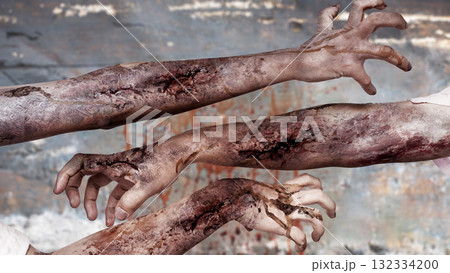 Zombie hands with wounds and blood haunted the abandoned building. Zombie, devil, evil, satan, or monster hand. Concept of Spooky Halloween 132334200