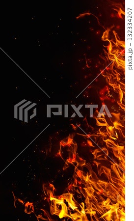 Dramatic red, orange, yellow flame and smoke rising against a dark background. Realistic, abstract fire burning background texture overlay. Vivid and hot hell or blazing fire wallpaper Dramatic red, orange, yellow flame and smoke rising against a dark background. Realistic, abstract fire burning background texture overlay. Vivid and hot hell or blazing fire wallpaper 132334207