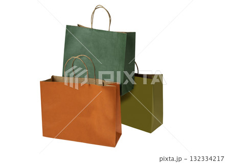 Colorful paper shopping bags or tote bags on a white background. Mockup, template, or copy space Colorful paper shopping bags or tote bags on a white background. Mockup, template, or copy space 132334217