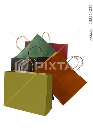 Colorful paper shopping bags or tote bags on a white background. Mockup, template, or copy space Colorful paper shopping bags or tote bags on a white background. Mockup, template, or copy space 132334220