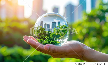 《AI画像》ガラスの地球儀と都市風景 132334281