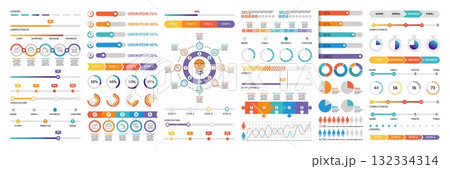 Infographic chart. Business and marketing analytics graphic elements. Corporate presentation. Information visualization. Scheme structure diagram and bars. Finance visual vector isolated infochart set 132334314
