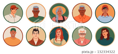 Farmer avatar. Gardener person doodle face, agricultural countryside worker, head in round form, old and young men and women in hat user profile. Vector cartoon flat style isolated account icons Farmer avatar. Gardener person doodle face, agricultural countryside worker, head in round form, old and young men and women in hat user profile. Vector cartoon flat style isolated account icons 132334322