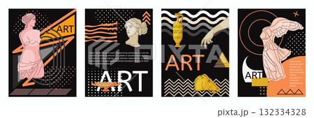 Art poster set. Greek sculpture, Artemidean and Aphrodite body. Ancient classic traditional roman statue. Vertical banner copy space for text, marble architectural element. Vector isolated template Art poster set. Greek sculpture, Artemidean and Aphrodite body. Ancient classic traditional roman statue. Vertical banner copy space for text, marble architectural element. Vector isolated template 132334328