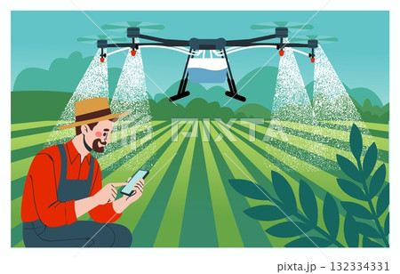 Agriculture farm. Smart farming. Plantation agricultural drone. Countryside barn. Innovation flying technology. Man farmer controlling UAV. Spray fertilizers. Robot flight monitoring. Vector concept Agriculture farm. Smart farming. Plantation agricultural drone. Countryside barn. Innovation flying technology. Man farmer controlling UAV. Spray fertilizers. Robot flight monitoring. Vector concept 132334331