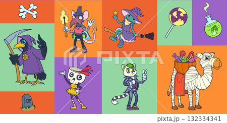 Halloween character. Groovy collage. Retro poster with square frames. Vintage holiday. Cartoon comic style. Witch boo. Fear of mummy. Happy autumn celebration. Magic mascot. Vector monster cards set Halloween character. Groovy collage. Retro poster with square frames. Vintage holiday. Cartoon comic style. Witch boo. Fear of mummy. Happy autumn celebration. Magic mascot. Vector monster cards set 132334341