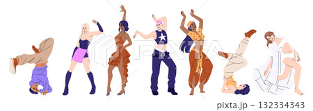 Dance of people. Dancer in disco. Fun in nightclub, music in club. Young crowd at night party. Character group, happy person flying around. Vector holiday women in choreography positions, cartoon set 132334343
