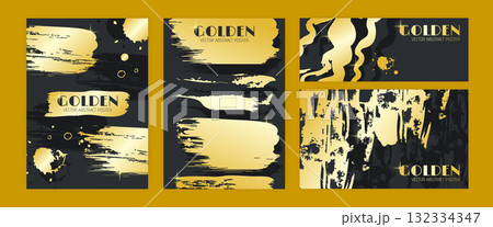 Golden template design. Poster is gold. Textured shiny banner. Luxury card. Paint splash pattern, foil paintbrush. Layout for Birthday, Christmas invitation vector garish booklet creative illustration 132334347