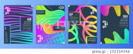 Abstract neon banner. Modern gradient colours. Poster with zebra pattern, texture flow. Colourful layout template. Magazine illustration. Business graphic design. Vector garish flier background set 132334348
