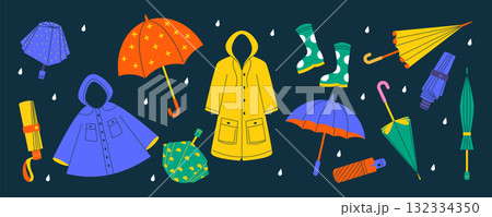 Raincoat for rain. Drawn umbrella. Doodle brolly closed or open. Rainy weather of autumn. Waterproof coat. Rubber boots for downpour puddles. Climate bad weather. Vector garish outerwear clothes set 132334350