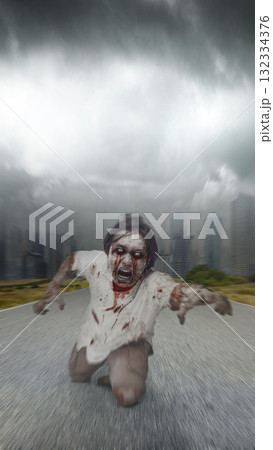 Indonesian southeast asian scary male zombies with wounds and blood were walking in the middle of an apocalyptic city under dark cloudy sky. The scene is scary and creepy. Concept of Spooky Halloween 132334376