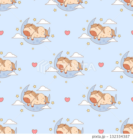 Seamless pattern with Cute Sleepy Little Horse on Moon on blue background. Funny Adorable resting Animal Pony Kawaii character. Vector illustration. Kids collection. Not AI 132334387