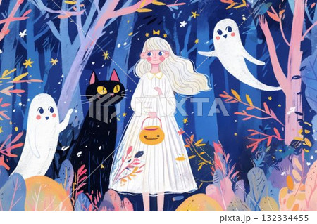 森のハロウィンナイトと黒猫と女の子 132334455