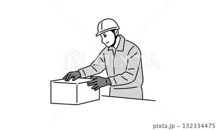資材を梱包しているヘルメットをかぶった作業員の男性のイラスト 資材を梱包しているヘルメットをかぶった作業員の男性のイラスト 132334475