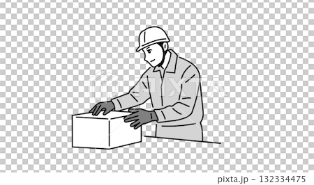 資材を梱包しているヘルメットをかぶった作業員の男性のイラスト 資材を梱包しているヘルメットをかぶった作業員の男性のイラスト 132334475