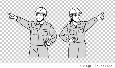 Illustration of male and female workers wearing helmets pointing their fingers 132334482