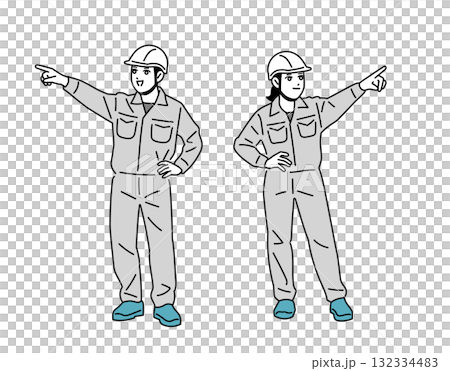 Illustration of male and female workers wearing helmets pointing their fingers 132334483