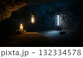 Candle and Lightbulb Illuminating a Dark Cave Environment 132334578