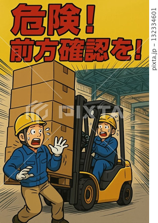 フォークリフト事故防止、危険!前方確認を怠るな! フォークリフト事故防止、危険!前方確認を怠るな! 132334601