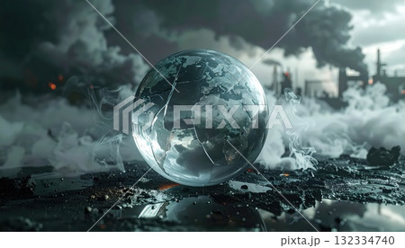 《AI画像》ガラスの地球儀と工場地帯 132334740
