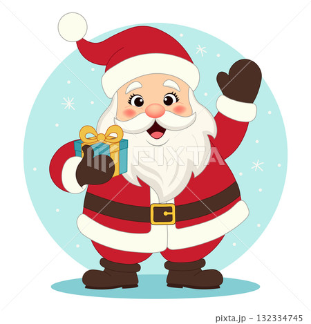 Cute Santa Claus. Cheerful cartoon Santa holding gift box and waving on snowy blue background. Happy Christmas character vector for holiday greeting card, festive decoration, winter celebration design 132334745