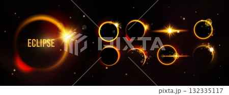 Eclipse moon. Effect of solar light. Planet in space. Glowing sun. Globe with sunshine glint. Flare of crescent earth. Overlay of abstract ray. Sunny energy beam. Vector realistic galaxy rings set 132335117