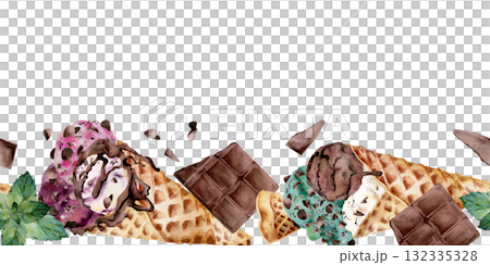 Speckled mint, berries and chocolate chip ice cream scoops in waffle cones, bar pieces. Isolated seamless banner border hand drawn in watercolor. Gourmet treat decor, chocolate shop label, summer tag. 132335328