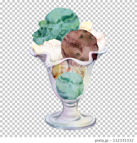 Scoops of mint chocolate chip gelato ice cream sorbet in clear sundae tulip glass bowl dish. Isolated illustration hand drawn in watercolor. Cafe poster, frozen treat menu, sweet label, food blog art. Scoops of mint chocolate chip gelato ice cream sorbet in clear sundae tulip glass bowl dish. Isolated illustration hand drawn in watercolor. Cafe poster, frozen treat menu, sweet label, food blog art. 132335332
